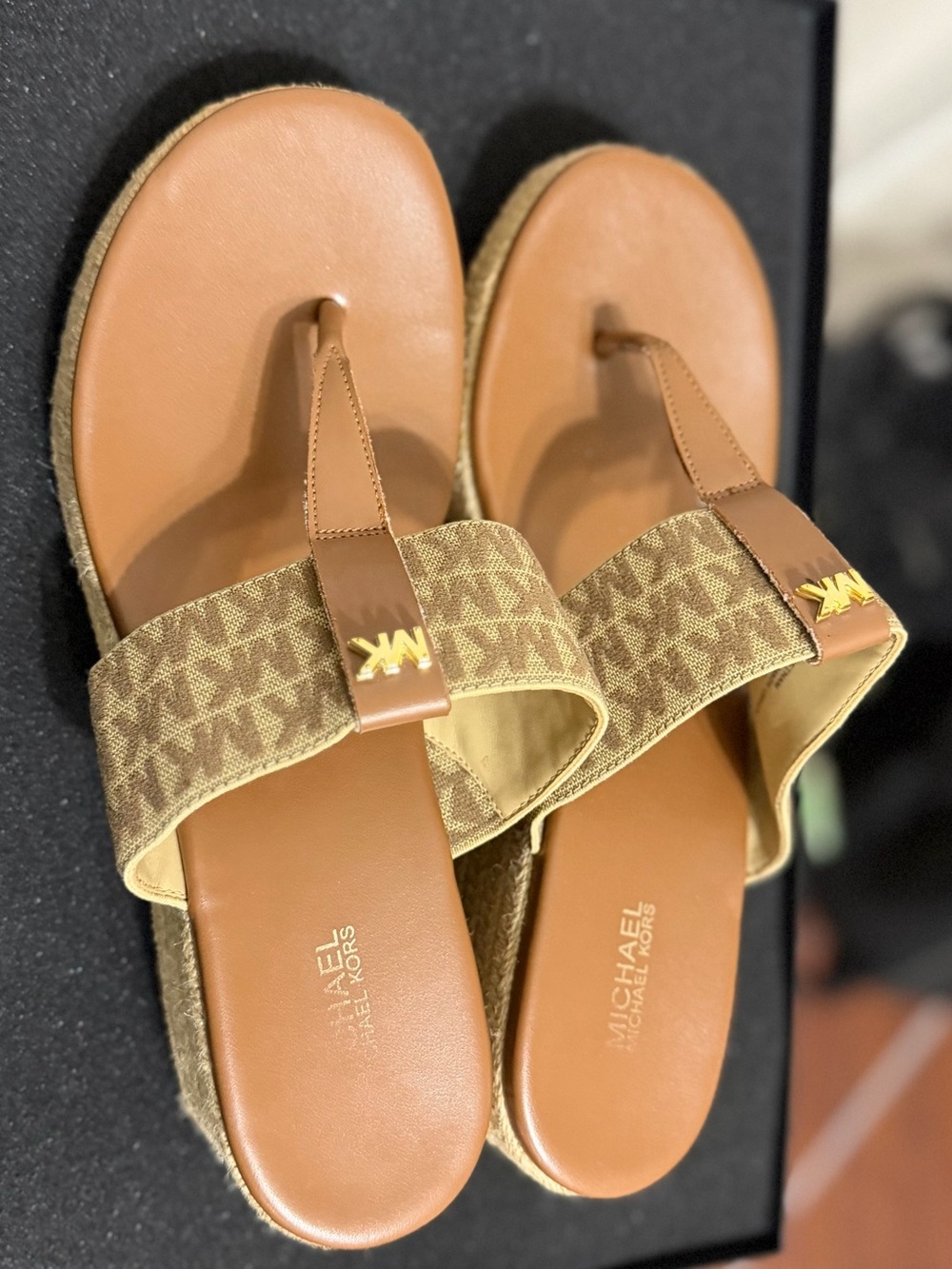 Michael Kors Brown Monogram Strap Thong Sandals 8.5